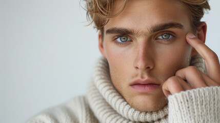 A photo of a Swedish skincare model in Stockholm with his hand elegantly positioned near his eye