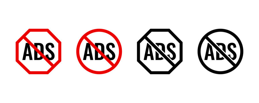 No ads icon, forbidden icon. Ad blocker symbol. Skip ads, Free, Advertisement, Red crossed circle.