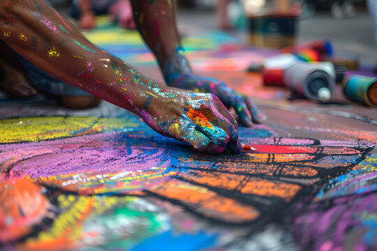  a street painter's hands creating vibrant chalk drawings on a city sidewalk