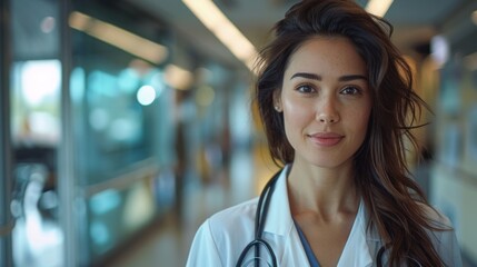 A realistic portrait of a woman doctor in a hospital wearing a stethoscope and uniform in a professional environment
