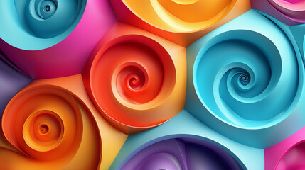 A playful geometric design with a 3D spirals and ovals theme incorporating bright and cheerful colors