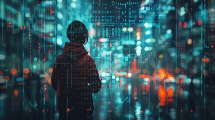 A double exposure of a person using advanced technology devices such as tablets and smartphones, with digital data and graphs overview - obrazy, fototapety, plakaty