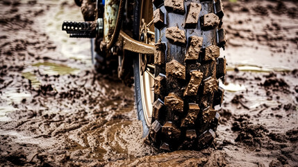 A dirty motorcycle tire is shown in mud. The tire is covered in mud and dirt, and it is in a muddy field