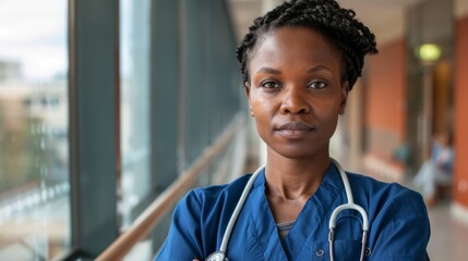Naklejka premium A realistic portrait of a woman doctor in a hospital wearing a stethoscope and uniform in a professional environment