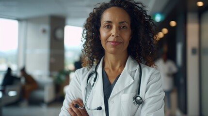 A realistic portrait of a woman doctor in a hospital wearing a stethoscope and uniform in a professional environment