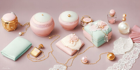 Pastel Palette. A still life scene featuring pastel-colored feminine accessories like a delicate pearl necklace