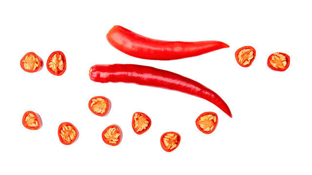 Top view set of red chili pepper with slices isolated with clipping path in png file format