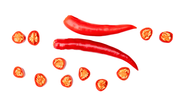 Top view set of red chili pepper with slices isolated with clipping path in png file format