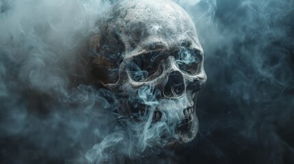 A frightening portrayal of a skull engulfed in smoke, serving as a stark reminder of the deadly consequences of tobacco use - obrazy, fototapety, plakaty