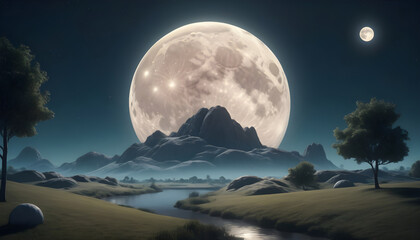 Fantasy landscape with a full moon in the sky. 3d rendering. Generative AI