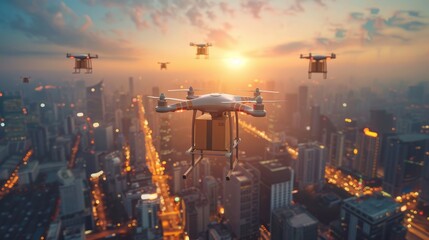 Fototapeta premium A futuristic concept of drone delivery services, with UHD drones transporting packages in urban environments