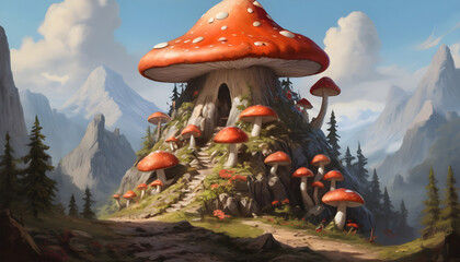 Fantasy landscape with fly agaric mushroom house. Generative AI - obrazy, fototapety, plakaty