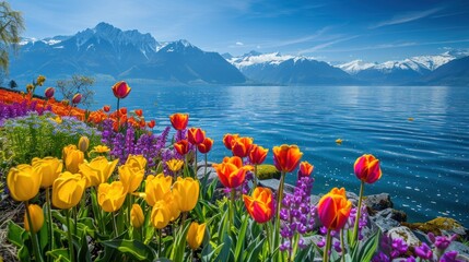 colorful tulips flowers on the lake with lake and snow mountain background