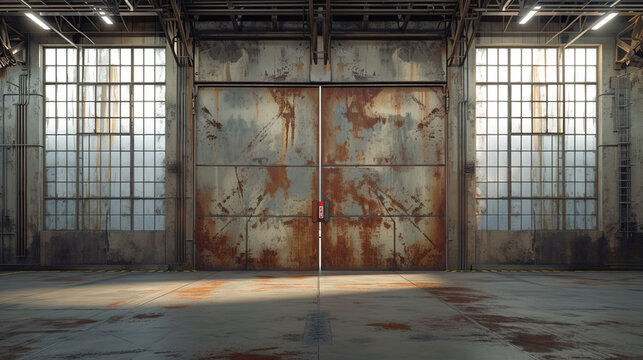 A large, rusted metal door is open in a large, empty room