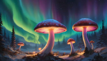Fantasy landscape with mushrooms and aurora borealis, 3d illustration. Generative AI - obrazy, fototapety, plakaty