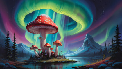 Fantasy landscape with mushrooms and aurora borealis in the background. Generative AI