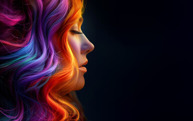 Fototapeta na wymiar Woman with Colorful Rainbow Hair Style, Eyes Closed, Black Background Copy Space