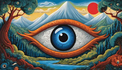 Illustration of an eye in the mountains and the lake in the background. Generative AI