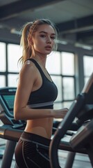Fototapeta na wymiar woman runs on a treadmill in a gym