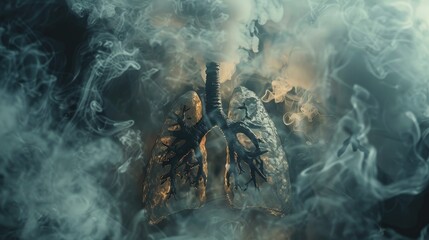 A haunting depiction of diseased lungs surrounded by thick smoke, emphasizing the frightening impact of smoking on respiratory  - obrazy, fototapety, plakaty