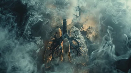 Fotobehang A haunting depiction of diseased lungs surrounded by thick smoke, emphasizing the frightening impact of smoking on respiratory  © Media Srock