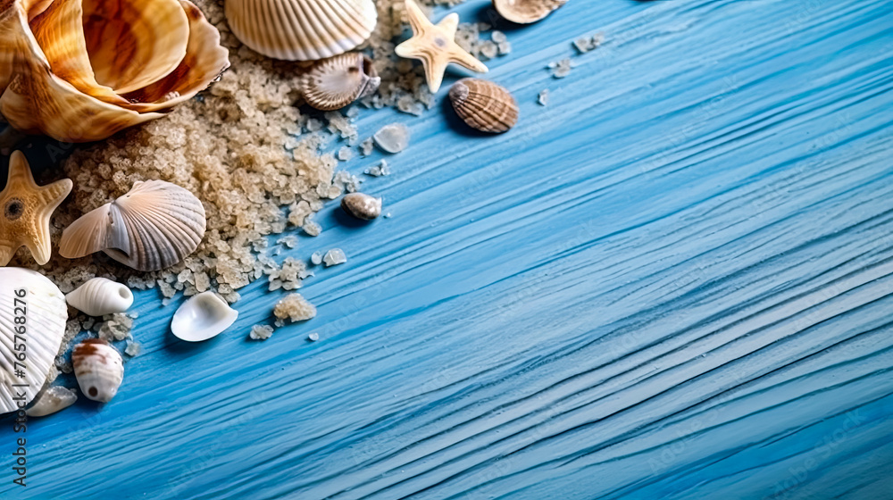 Poster a beach scene with shells and a starfish. the shells are scattered around the starfish, creating a p