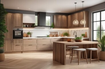 Beautiful modern kitchen room interior in loft wood style