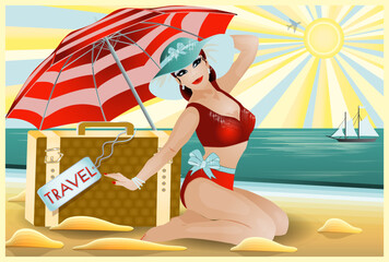 Pinup travel girl with bag, vip card, vector illustration