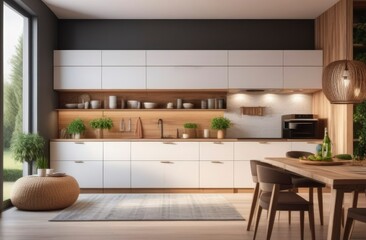 Beautiful modern kitchen room interior in loft wood style