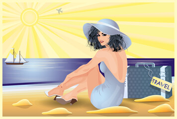 Pinup travel girl with bag, invitation card, vector illustration