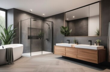 modern grey bathroom interior in loft style wood with countertop basin, mirror and shower