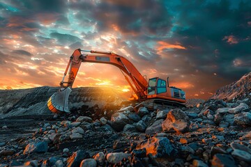 Sunset light, wide angle photo of an excavator working on a construction site with rocks and earth in the foreground - obrazy, fototapety, plakaty