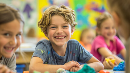 Fototapeta na wymiar Cute smiling children playing in a classroom
