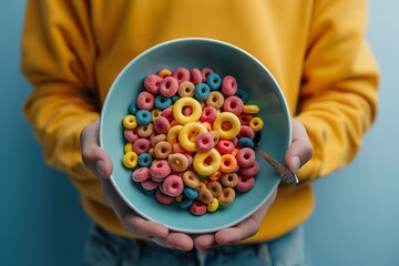 A person holding a bowl of cereal with a spoon in it on a blue background. - Powered by Adobe