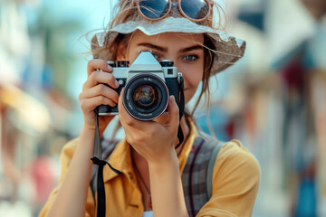 A female traveler capturing moments on the street with a camera.