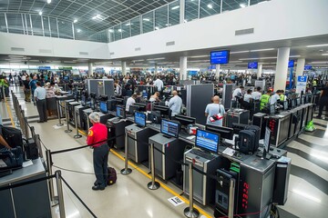 An overhead view of a crowded airport terminal, with people milling about, waiting for flights, chatting, and checking their phones.