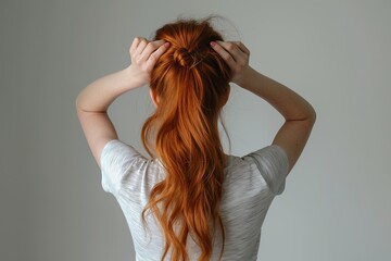 Young woman with red hair tying her long hair into a ponytail using a scrunchy.