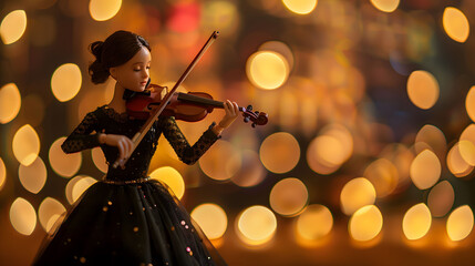 Violinist Doll Wearing Black Gown Playing Violin with Bokeh Night Background