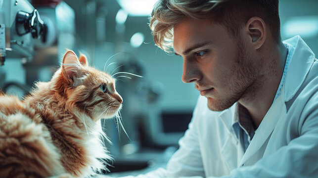 A skilled veterinarian in an animal clinic the photo depicts a young male vet in a white coat