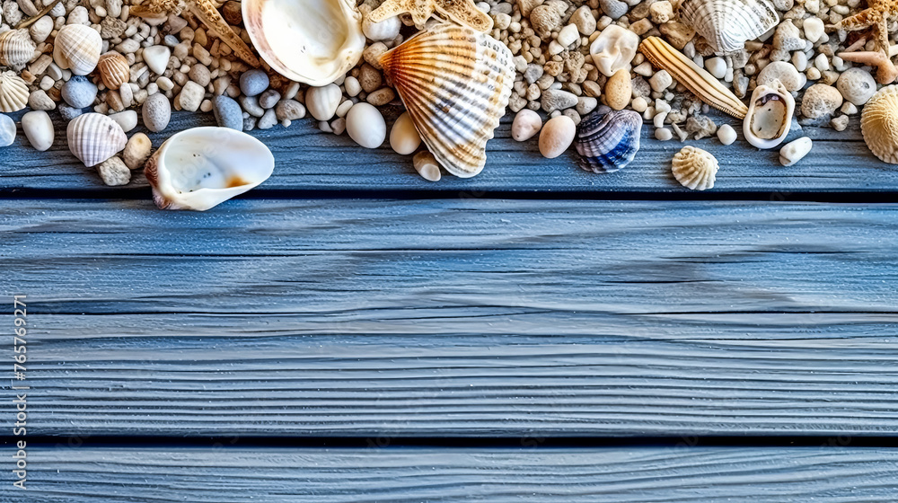Poster a beach scene with shells and a starfish. the shells are scattered around the starfish, creating a p