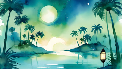 Fototapeta na wymiar Night landscape with palm trees and lanterns. Generative AI