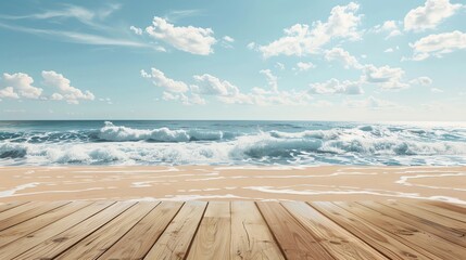Blank wooden tabletop against a backdrop of sandy beaches and ocean waves background