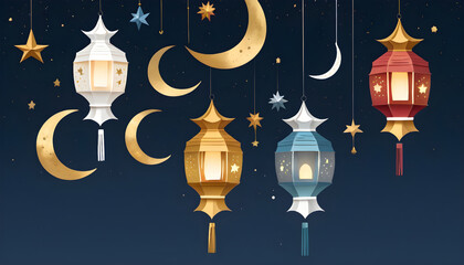 Ramadan Kareem greeting card with hanging lanterns and crescent moon. Generative AI