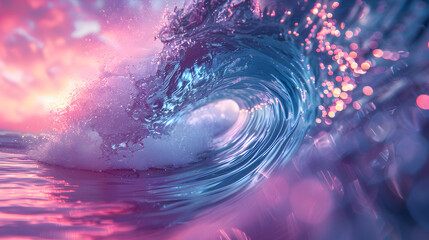 a wave in the ocean with a pink and blue color scheme. The wave is curling and has a white center. The wave appears to be made of glass.  - obrazy, fototapety, plakaty