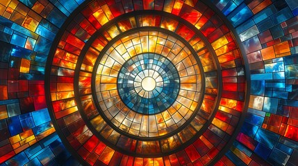 Abstract mosaic artwork depicting a stylized sunset with wavy patterns in warm and cool tones, resonating with energy and movement.