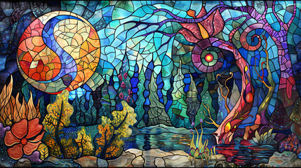 Artistic representation of a forest landscape at sunset, depicted in a colorful stained glass style with intricate details.