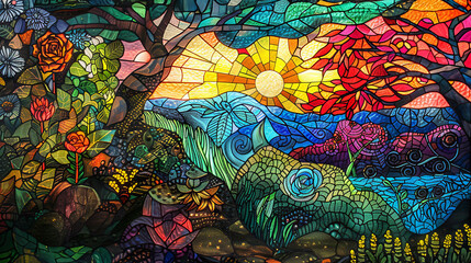 Artistic representation of a forest landscape at sunset, depicted in a colorful stained glass style with intricate details.