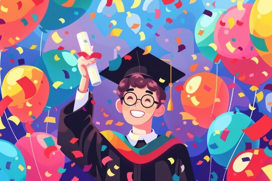 An illustration of a cheerful student wearing a graduation cap and holding a diploma certificate, with a background of confetti and balloons. 