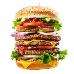 Big mouthwatering three-patty beef burger with pickles and cheese on an isolated background