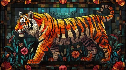 An elaborate mosaic-style illustration portrays a Tiger in vibrant, multicolored patterns, against a detailed background.